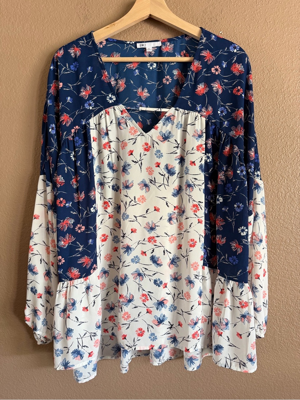 DR2 Floral Mixed-Print Peasant Flowy Blouse Size XL